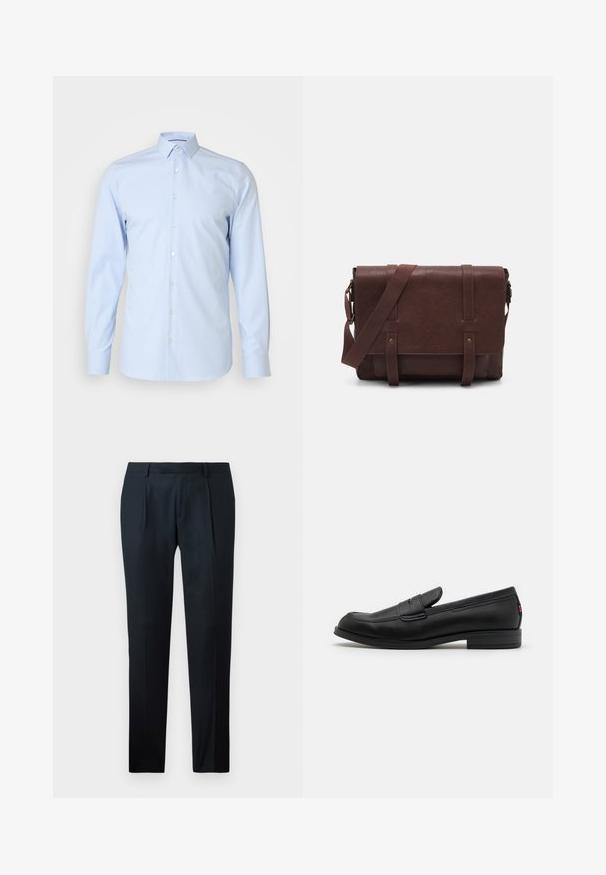 Light blue button-up shirt, long sleeves, classic collar, made of smooth fabric, featuring white buttons down the front, minimal design.; Black tailored pants made of smooth fabric, featuring a slim fit design, two front pleats, and a flat waistband without visible hardware.; Black leather loafers with a smooth finish, rounded toe, and a small decorative flap. Features a low stacked heel and subtle branding detail.; Brown leather messenger bag with a flat front flap, two straps, gold hardware accents, and an adjustable shoulder strap.