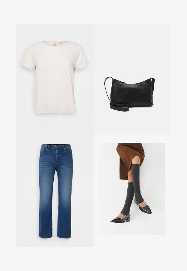 Šviesiai bežiniai audinio trumpomis rankovėmis, apvaliu iškirpimu; su raktų angos detalėmis nugaroje ir laisvu siluetu.; Tamsiai mėlynos džinsinės kelnės su tiesiomis kojomis, penkių kišenių dizainu ir mygtuko bei užtrauktuko uždarymu. Lygi tekstūra su minimaliu blukimu.; Juodi lakuoti odiniai batai su aštriu kuma ir bloko kulnu, derinami su pilkais riebiais kojų šildytuvais ir rudais zomšiniais sijonais.; Juodas odinis petinis krepšys su lygiu paviršiumi, išlenkta forma, reguliuojama dirželiu ir užtrauktuku. Minimalistinis dizainas be puošmenų.