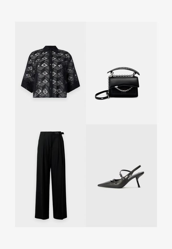 Zwarte doorschijnende shirt met een geometrisch patroon en het "HUGO" logo, korte mouwen en een kraag met knoopsluiting.; Zwarte wijde broek met hoge taille, plooien aan de voorkant en een riem met een gesp. Gemaakt van glad, lichtgewicht stof.; Zwarte leren slingback hakken met een spitse neus, slanke hak en decoratieve gespdetails op de bovenkant. Gladde textuur en een strakke uitstraling.; Zwarte leren handtas met een gestructureerd ontwerp, accenten van kettingen en handvaten, en een getextureerd oppervlak. Voorzien van een klepafsluiting met zichtbare branding.