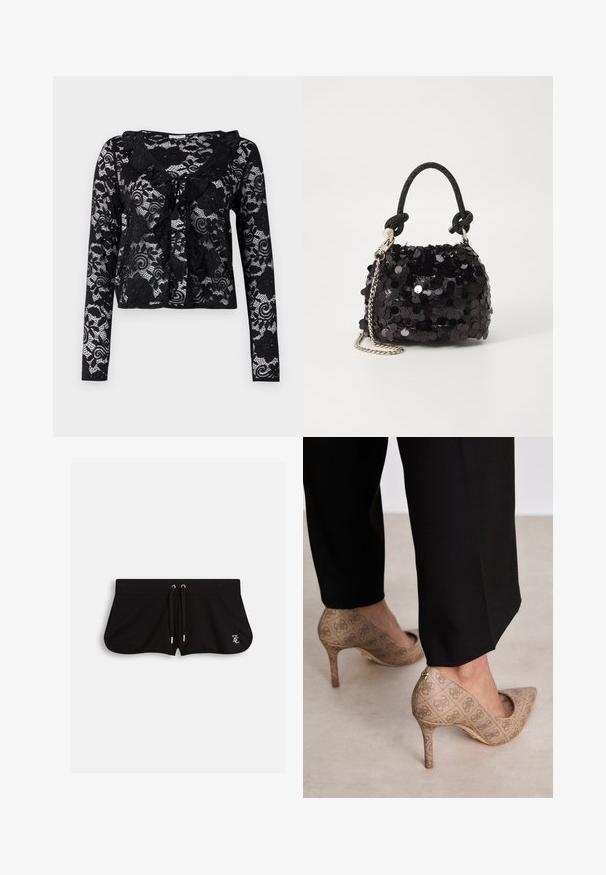 Black lace cardigan with long sleeves, floral patterns, ruffled collar, open front design, and tie detail at the neckline.; Black cotton t-shirt featuring a large gray star graphic with a splatter effect. Text reads "Dream Big Shine Bright" above and "Cosmic Couture" below.; Black shorts made from soft fabric, featuring a drawstring waist, side slits, and a small embroidered logo on the front.; Beige high-heeled shoes with a textured fabric featuring a repeating pattern. Pointed toe design with a back accent and gold heel detail.; Black sequin mini handbag with a knotted textured strap and silver chain. Rounded shape with gathered top and reflective detailing.