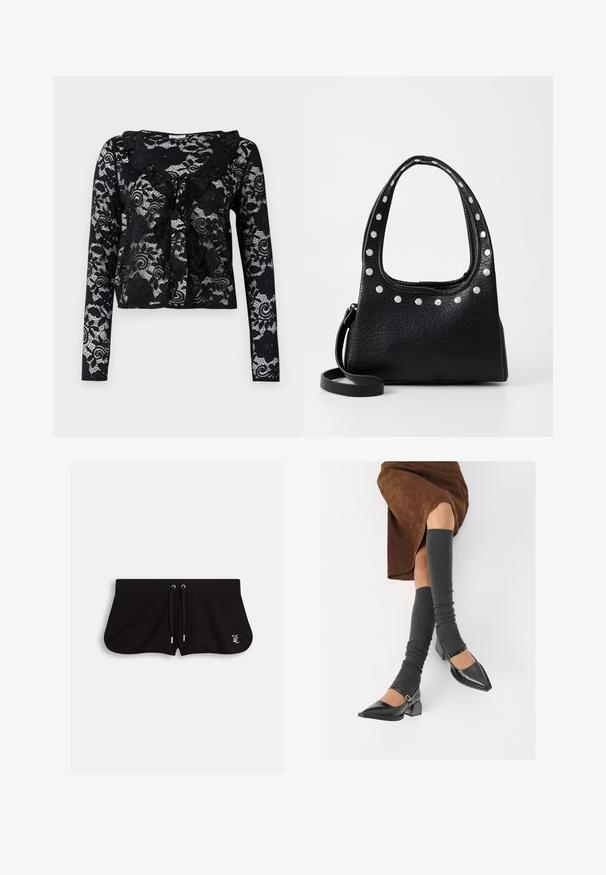 Black lace cardigan with long sleeves, floral patterns, ruffled collar, open front design, and tie detail at the neckline.; Black cotton t-shirt featuring a large gray star graphic with a splatter effect. Text reads "Dream Big Shine Bright" above and "Cosmic Couture" below.; Black shorts made from soft fabric, featuring a drawstring waist, side slits, and a small embroidered logo on the front.; Black patent leather pointed-toe shoes with a block heel and ankle strap, paired with gray ribbed leg warmers and a brown suede skirt.; Black textured leather handbag with silver studs along the top edge and handles, featuring a short handle and a detachable strap.