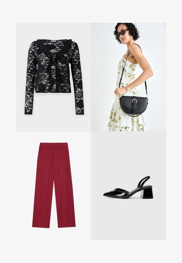 Svart blonde cardigan med lange ermer, blomster mønster, volangkrage, åpen frontdesign, og knytedetalj ved halsen.; Vide ben bukser laget av glatt, teksturert stoff i en dyp rød farge. Har frontlommer og en enkelt knappelukking i midjen.; Svarte patentlær slingback hæler med spiss tå og geometrisk blokk hæl. Har et stilrent, minimalistisk design og jevn tekstur.; Svart lærveske med en buet form, avtagbar stropp og gullbeslag. Vesken har et klaff med spenne-detall.