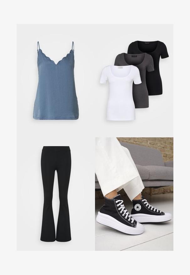 Blue sleeveless top with a scalloped V-neckline, made of lightweight fabric, featuring a relaxed fit and a hem that falls below the waist.; Three fitted T-shirts in white, gray, and black. Each features a wide scoop neckline and short sleeves. Made from smooth, stretchy fabric.; Black flared pants made of stretchy fabric, featuring a high waistband and a smooth texture. The pants flare out from the knee.; Black high-top sneakers with white rubber soles and laces. Features a round logo patch and contrasting white stitching. Canvas material.