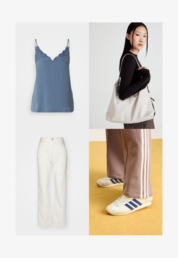 Blå ærmeløs top med en bølget V-udskæring, lavet af let materiale, med en afslappet pasform og en kant, der falder under taljen.; Hvide denimbukser med høj talje og bred benpasform. Har en knap- og lynlåslukning, bæltesløjfer og subtile syninger.; Creme sneakers med blå ruskindstriber, hvide snørebånd og gummisål. Parret med grå sweatpants med hvide sidestiber.; Beige håndtaske lavet af blødt materiale med et slouchy design, stikninger og to skulderremme. Velegnet til daglig brug.