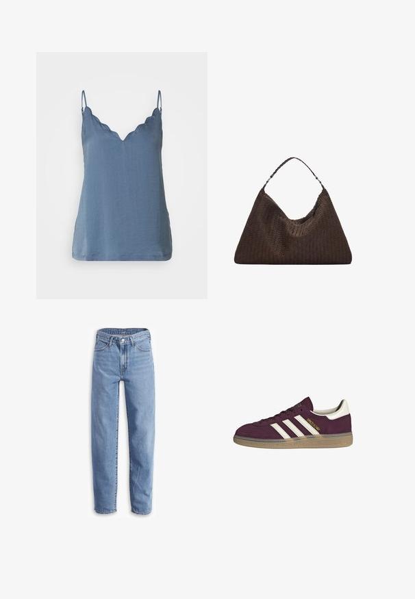 Modra brezrokavnica z valovitim V-izrezom, izdelana iz lahkotnega materiala, z ohlapnim krojem in spodnjim robom, ki sega pod pas.; Svetlo modri traper hlače, sproščenega kroja, ravne nogavice, z načrtovanjem petih žepov in raztrganimi robovi za sproščen videz.; Bordo nubuk teniske z belimi tremi črtami in bež poudarki. Ima teksturiran gumijast podplat in zlato oznako na strani.; Rjava tkana usnjena torbica s sproščenim, trikotnim oblikovanjem. Ima pleten ročaj in zadrgo na vrhu.