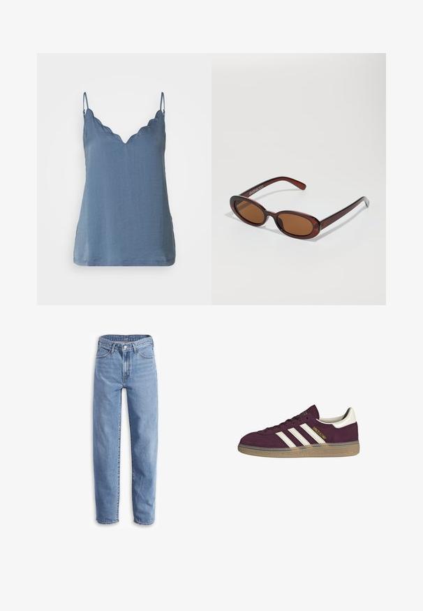 Top senza maniche blu con scollatura a V ondulata, realizzato in tessuto leggero, con un fit rilassato e un orlo che scende sotto la vita.; Jeans azzurri chiari in denim, con una vestibilità rilassata, gamba dritta, design a cinque tasche e orli sfilacciati per un aspetto casual.; Sneaker in camoscio bordeaux con tre strisce bianche e accenti beige. Presenta una suola in gomma testurizzata e un marchio dorato sul lato.; Occhiali da sole rotondi con tonalità marrone, montatura lucida color bordeaux. Aste sottili con un sottile dettaglio del marchio. Design delle lenti piatte.; Borsa a tracolla in pelle intrecciata marrone con una forma triangolare morbida. Presenta una maniglia intrecciata e una chiusura con zip lungo la parte superiore.