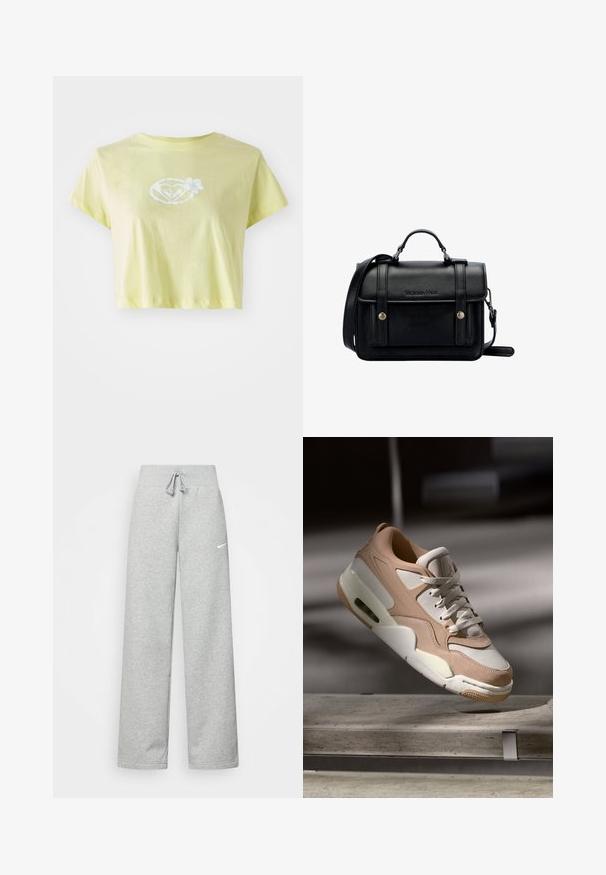 Vaaleankeltainen lyhythihainen puuvillapaita. Edessä sydämen muotoisessa keskuksessa valkoinen kukkakuosisuunnittelu.; Harmaat verkkarit, joissa on elastinen vyötärö, nauhaverhoilu ja pieni valkoinen Nike-logo vasemmassa reidessä. Pehmeä kangas, löysä istuvuus.; Beige ja valge tennisjalanik, millel on sile nahk ja sametine viimistlus, padjaga keele, sidumise ees ja nähtav õhkpadja üksus.; Musta nahkainen olkalaukku, jossa on rakenteellinen muotoilu, ylhäältä kantohihna, säädettävä olkahihna, etulevy ja metallikoristeet. Edessä brändäys.