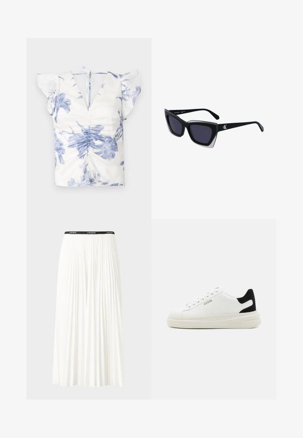 Blusa floreale con stampa blu e bianca, maniche corte a volant, scollatura a V profonda e dettaglio frontale arricciato con chiusura a lacci sul retro.; Gonna bianca plissettata con elastico nero in vita che presenta il logo "LACOSTE". Design di lunghezza media con texture morbida.; Sneaker bianchi in pelle con suola spessa bianca, accento in suede nero sul tallone e logo impresso sul lato. Design con lacci e sei fori per i lacci.; Occhiali da sole oversize neri dalla forma geometrica, con lenti scure e un dettaglio grigio a contrasto sulla montatura. Logo sul braccio.
