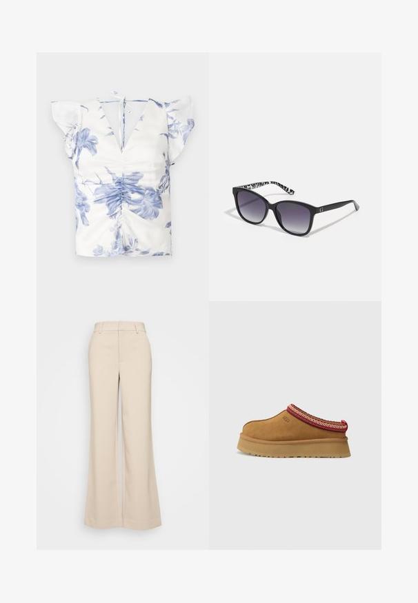 Blusa floral con estampado azul y blanco, mangas cortas con volantes, escote en V profundo y detalle fruncido en la parte delantera con cierre de lazo en la parte trasera.; Pantalones de pierna ancha beige con una textura suave, que presentan una cintura alta y dos bolsillos frontales. Diseño limpio con un ajuste entallado.; Zapato de ante marrón sin cordones con ribete decorativo rojo y crema, suela texturizada y logo de UGG en el lateral. Presenta una ligera altura de plataforma.; Gafas de sol negras con lentes degradados, forma cuadrada y una patilla con un patrón texturizado en blanco y negro. Presenta un acento de logo en plateado.