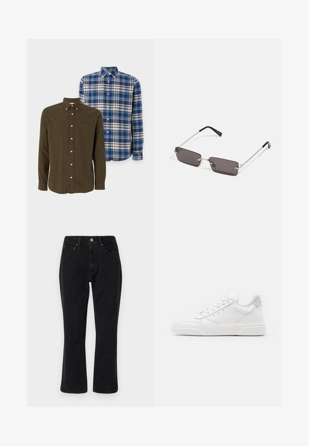 Jack & Jones JPRBLUNORRIS 2 PACK - Chemise - peat/night sky; Jean en denim noir présentant un design à jambe droite, un style à cinq poches et des accessoires en métal avec des accents en cuivre. Texture lisse et taille moyenne.; Des baskets en cuir blanc avec une finition lisse, un bout rond, des lacets plats et une semelle texturée. Accents en daim gris au niveau du talon.; Lunettes de soleil avec des verres rectangulaires gris foncé, des montures en métal argenté et des embouts en plastique noir sur les branches. Conception légère avec des plaquettes de nez.