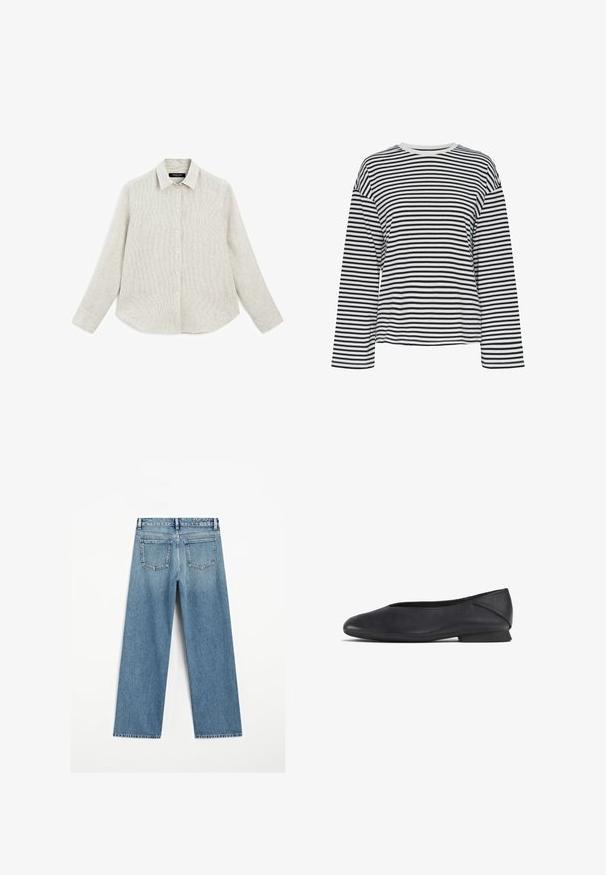 Light-colored button-up shirt with a subtle striped pattern. Made of textured fabric, featuring a classic collar and long sleeves with button cuffs.; Black and white striped long-sleeve shirt with a crew neckline. Soft fabric, relaxed fit, and contrasting neckline accents.; Light blue denim jeans with a wide-leg cut, featuring two back pockets and a frayed hem. Made of textured cotton fabric.; Black leather flat shoe with rounded toe and low heel, designed for casual or formal wear.