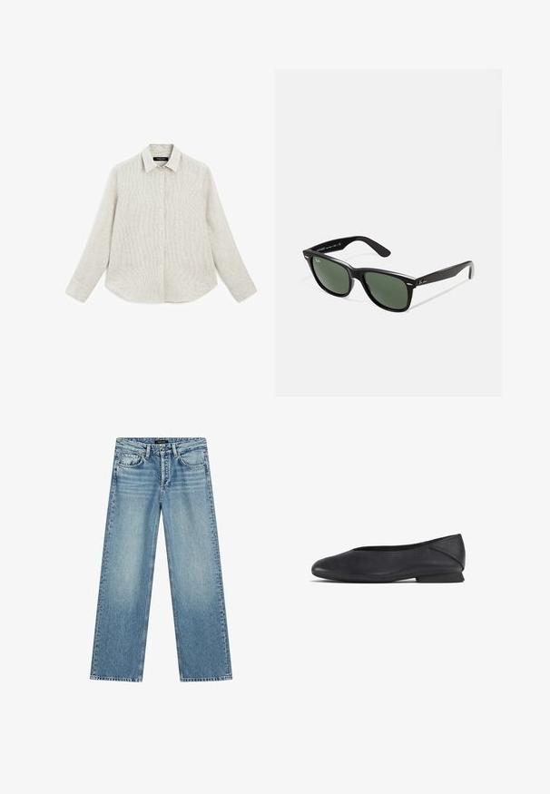 Heller, knopfbarer Hemd mit feinem Streifenmuster. Hergestellt aus strukturiertem Stoff, mit klassischem Kragen und langen Ärmeln mit Knopfmanschetten.; Hellblaue Jeans mit weitem Bein aus Denim. Verfügt über fünf Taschen, einen Knopfverschluss und dezentes Verblassen, das eine strukturierte Optik erzeugt.; Schwarze Lederflats mit runder Zehenpartie und niedrigem Absatz, geeignet für Freizeit- oder formelle Anlässe.; Schwarze Plastiksonnenbrille mit grünen Gläsern, quadratischen Rahmen, silbernem Akzent auf der Augenbraue und strukturierten Bügeln. Angegebene Marke auf dem inneren Bügel.