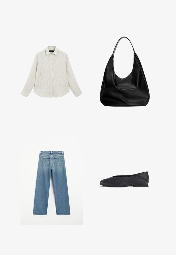 Camicia button-up di colore chiaro con un sottile motivo a righe. Realizzata in tessuto testurizzato, presenta un colletto classico e maniche lunghe con polsini abbottonati.; Jeans in denim azzurro chiaro con un taglio a gamba larga, dotati di due tasche posteriori e orlo sfilacciato. Realizzati in tessuto di cotone testurizzato.; Scarpa piatta nera in pelle con punta arrotondata e tacco basso, progettata per un uso casual o formale.; Borsa hobo in pelle nera con design morbido, ampia tracolla e texture liscia. Presenta una chiusura con zip laterale.
