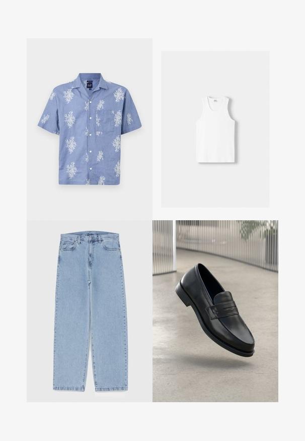 Modrá, krátkoplešná košeľa vyrobená z ľahkého materiálu, s bielym kvetinovým vzorom a náprsním vreckom. Dizajn s gombíkmi na prednej strane a golierom.; Biely bavlnený tielko s okrúhlym výstrihom, širokými ramennými popruhmi a rovnom spodným lemom, ktoré má hladkú textúru a žiadne viditeľné vzory.; Svetlomodré denimové džínsy s rovnými nohavicami, s polovysokým pásom, piatimi vreckami a zapínaním na gombík a zips.; Čierna kožená mokasína s hladkou textúrou, špicatou špičkou a ozdobným remienkom cez priehlavok. Ľahká podrážka, minimalistický dizajn.