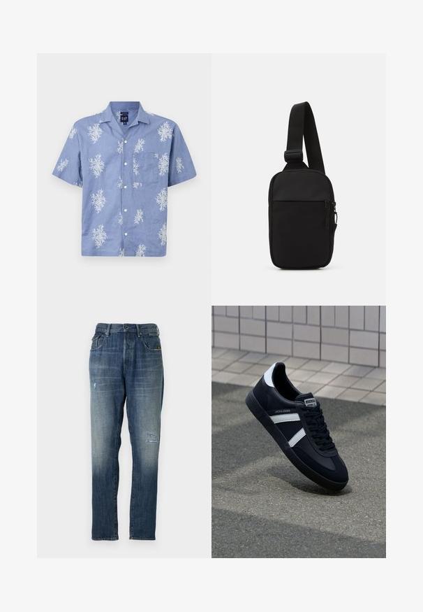 Short-sleeve, blue shirt made of lightweight fabric, featuring a white floral pattern and a chest pocket. Button-down front and collar design.; Denim jeans featuring a faded blue color, a straight leg design, moderate distressing on the front, and a classic five-pocket style.; Black leather sneaker with white stripes, textured rubber sole, and lace-up front. Features a branded label on the tongue.; Black crossbody bag made of durable fabric, featuring a single adjustable strap, a zippered main compartment, and a front pocket.