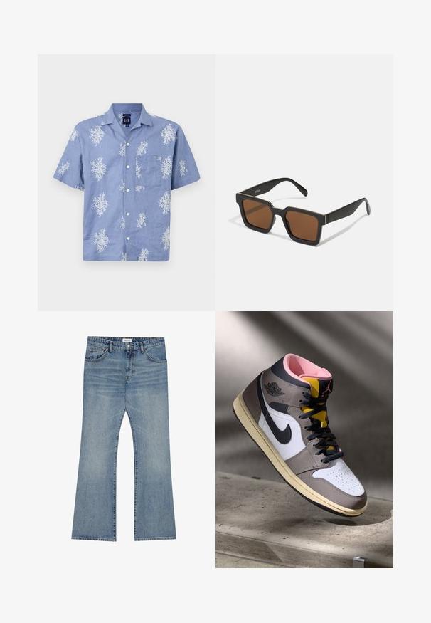 Camisa de manga corta, de color azul, hecha de tela ligera, con un patrón floral blanco y un bolsillo en el pecho. Diseño de botones en la parte delantera y cuello.; Jeans de mezclilla azul claro con un diseño de pierna acampanada, que presentan un estilo clásico de cinco bolsillos y un cierre de botón en la cintura.; Zapatilla alta Nike Air Jordan en blanco, gris y negro, con interior rosa y lengüeta amarilla, colocada sobre una superficie de concreto.; Gafas de sol cuadradas negras con lentes marrones, con un acabado mate y detalles dorados en la montura. El diseño es angular con brazos anchos.