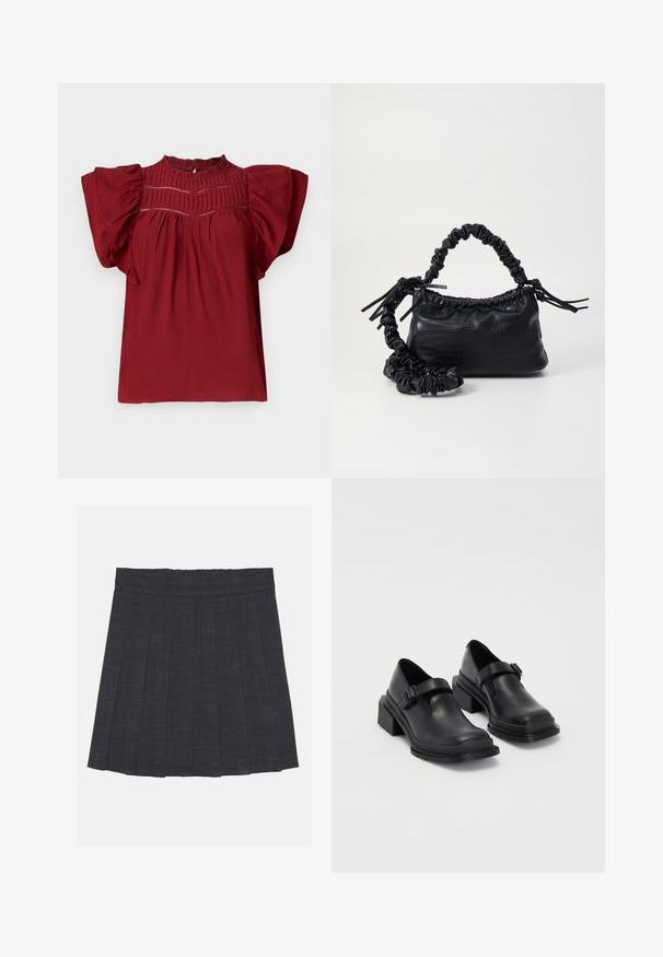 Blouse rouge avec des manches courtes et bouffantes, des plis texturés au niveau du col, et une fermeture à boutons à l'arrière. Tissu doux avec une finition lisse.; Jupe plissée gris foncé avec une taille élastique, dotée d'un tissu texturé et d'une silhouette A-line classique. Convient pour une tenue décontractée.; Chaussures en cuir noir avec un bout arrondi, semelle plate et une sangle avec une boucle décorative. Talon épais pour plus de stabilité.; Sac à main en simili cuir noir avec une texture crocodile, un dessus resserré et une sangle froncée. A l'apparence douce et compacte.