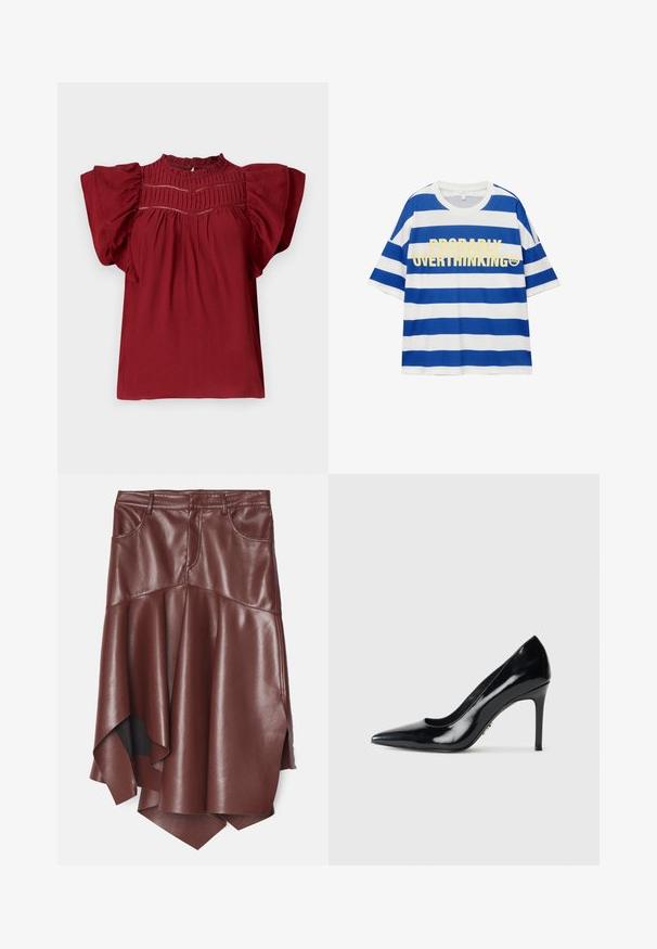 Červená blůza s krátkými nabíranými rukávy, texturovanými plisovanými detaily u výstřihu a knoflíkovým zapínáním na zadní straně. Měkká tkanina s hladkým povrchem.; Bavlněné tričko s modro-bílými vodorovnými pruhy. Na přední straně je výrazný žlutý text „PROBABILNĚ PŘEMÝŠLÍM PŘÍLIŠ“ a grafika usměvavého obličeje. Krátké rukávy.; Hnědá sukně z umělé kůže s volánovým, asymetrickým lemem, která má dvě přední kapsy a hladký, lesklý povrch.; Černý lakovaný kožený lodičkový bot s špičatou špičkou a úzkým jehlovým podpatkem na jednoduchém bílém pozadí.