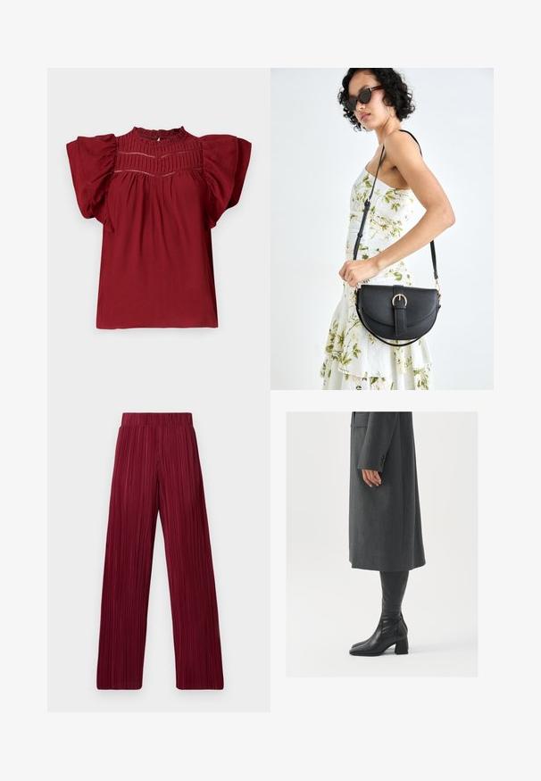 Piros blúz rövid, boleró ujjakkal, textúrált redőkkel a nyakörvön, és gombos záródással a hátsó részen. Puha anyag, sima felülettel.; Burgundi pleated, széles szárú nadrág, rugalmas derékkal. A textúrált anyagon függőleges csíkok találhatók. Egyenes szabás a szegélynél.; Szürke, szabott overál, egyenes vonallal; térd fölé érő fekete bőrcsizmákkal párosítva, négyzetes orral és vastag sarokkal.; Fekete bőrtáska ívelt formával, levehető pánttal és arany színű fémrészekkel. A táskán egy csattal díszített fedél található.