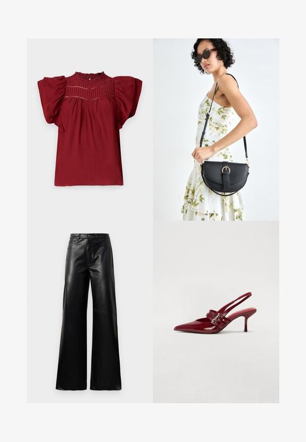 Rode blouse met korte, geplooide mouwen, getextureerde plooien bij de halslijn en een knoopsluiting op de rug. Zachte stof met een gladde afwerking.; Zwarte high-waisted wide-leg neplederen broek met een voorste knoop, ritssluiting, riemlussen en zijzakken op een witte achtergrond.; Rode gepatenteerde leren slingbackhakken met een spitse neus, twee gespsluitingen en een slanke, middelhoge stilettohak. Glad textuur.; Zwarte leren handtas met een gebogen vorm, afneembare schouderband en gouden hardware. De tas heeft een klep met een gespsluiting.