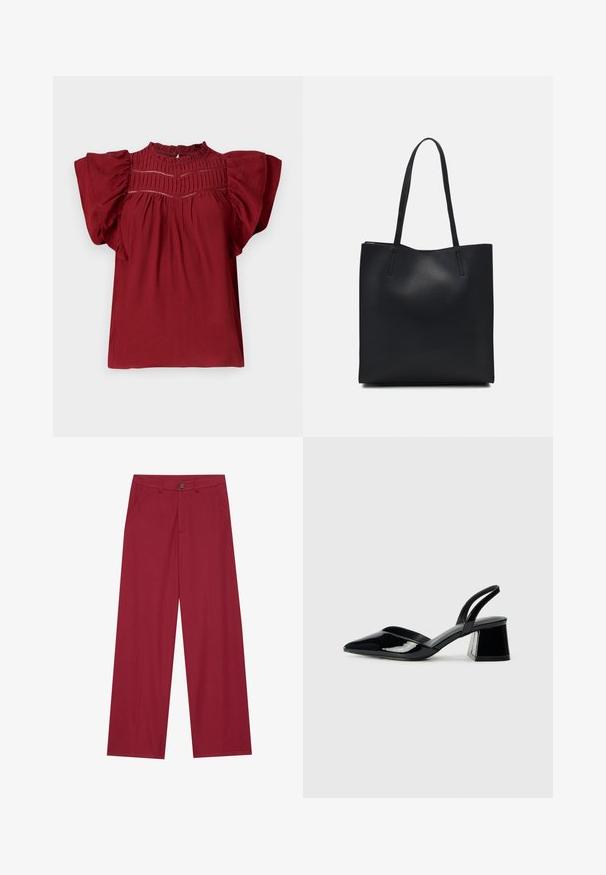 Blusa roja con mangas cortas abullonadas, pliegues con textura en el escote y un cierre de botón en la parte posterior. Tejido suave con un acabado liso.; Pantalones de pierna ancha hechos de una tela suave y texturizada en un color rojo intenso. Presentan bolsillos delanteros y un cierre de botón único en la cintura.; Zapatos de tacón slingback de charol negro con punta afilada y tacón geométrico en bloque. Presentan un diseño elegante y minimalista, así como una textura suave.; Bolso tote de cuero negro con textura lisa, forma rectangular y dos asas largas. Sin herrajes ni adornos visibles.