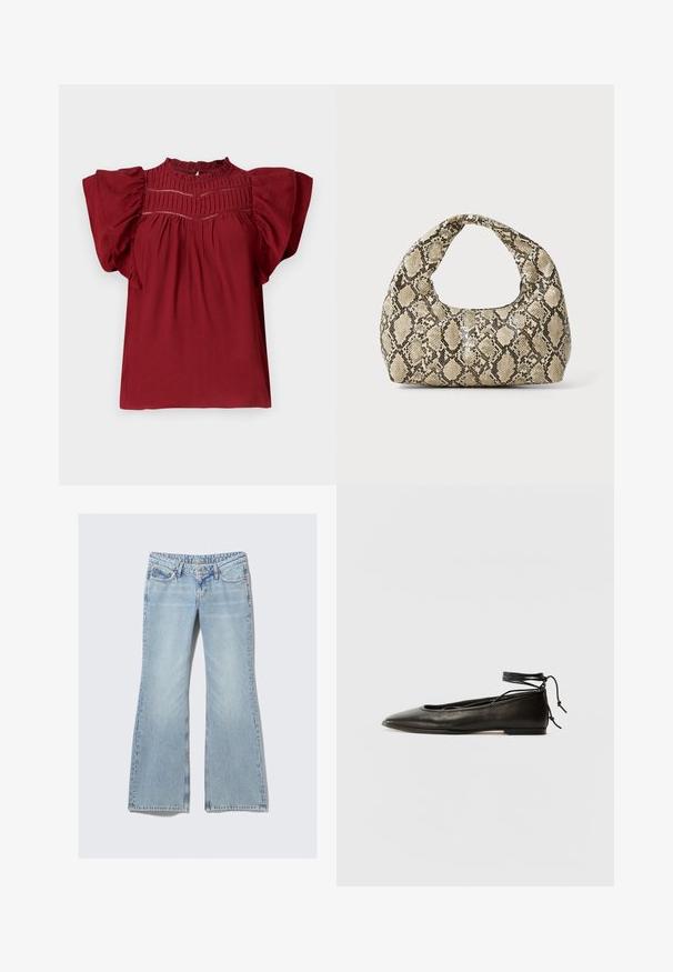 Raudona bluzelė su trumpomis, pūstomis rankovėmis, tekstūruotais raukiniais ant kaklo ir mygtukų uždarymu nugaros pusėje. Minkšta medžiaga su lygiu paviršiu.; Weekday NOVA - Prigludę džinsai - lip blue; Juodi odiniai balerinų bateliai su smailiu pirštu, kulkšnies raiščiu ir plokščiu padu, pasižymintys lygiu paviršiumi ir minimalizmo dizainu.; Gyvatės rašto rankinė su kreiviu rankenėle. Pagaminta iš tekstūruotų smėlio ir rudos spalvos medžiagų, su išskirtiniu rombo raštu.