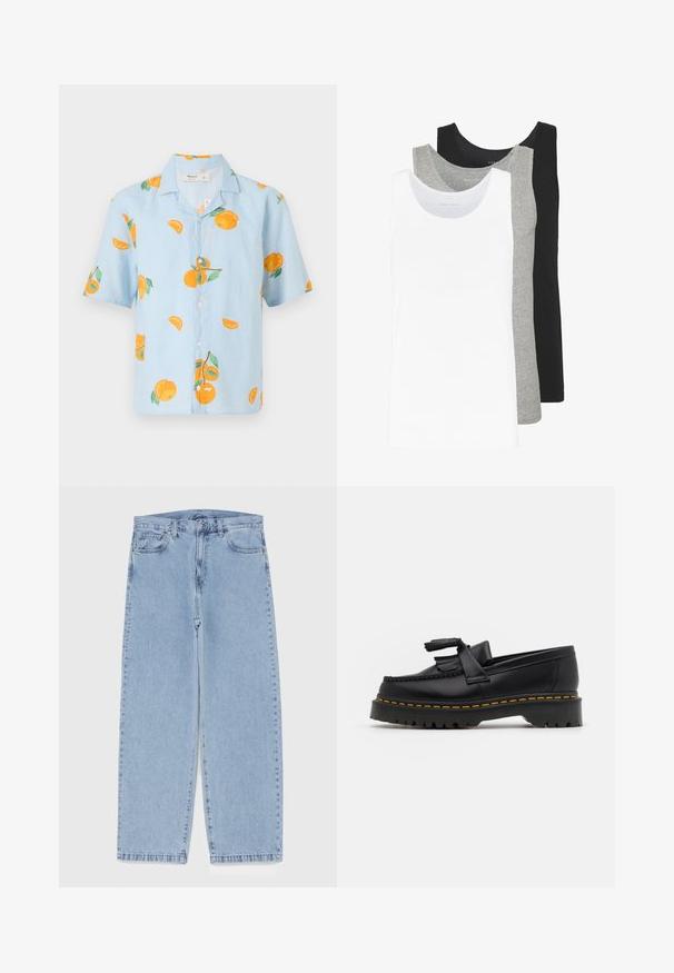 Világoskék, rövid ujjú ing narancssárga gyümölcsök és zöld levelek mintájával. Gombos dizájn, laza illeszkedéssel és puha anyaggal.; Három ujjatlan póló fehér, szürke és fekete színben. Mindegyik klasszikus ujjatlan dizájnnal készült, könnyű pamut anyagból, bordázott textúrával.; Világoskék farmernadrág egyenes szárú kivitelben, közepes derékkal, öt zsebbel, gombos és cipzáros záródással.; Fekete bőr mokaszin, rojtos díszítéssel, masszív fekete talppal és sárga varrással az élén. Texturált felület.