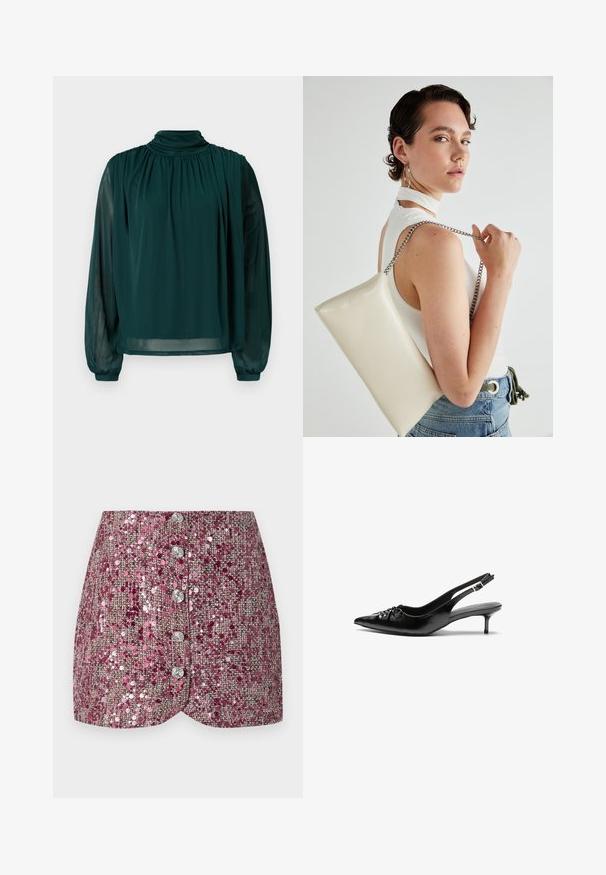 Žalia bluzonėlė su aukštu kaklu, ilgomis pusiau skaidriomis rankovėmis, priekiniais raukšlėmis ir laisvu siluetu. Pagaminta iš lengvos medžiagos, užtikrinančios plaukiančią išvaizdą.; Rožinė blizgučių sijonas su tekstūruota audiniu, pasižymintis prigludusia forma ir penkiais sidabriniais mygtukais priekyje. Formuota apatinė dalis ir žėrintys akcentai.; Juodos odinės slingback aukštakulniai su smailiu nosiu, mažais katės kulnais ir dekoratyvine mazgo detale priekyje. Visas paviršius lygus.; Balta, stačiakampio formos rankinė pagaminta iš blizgaus medžiagos, su sidabriniu virvute. Modelis pozavo, demonstruodamas rankinę prieš paprastą foną.