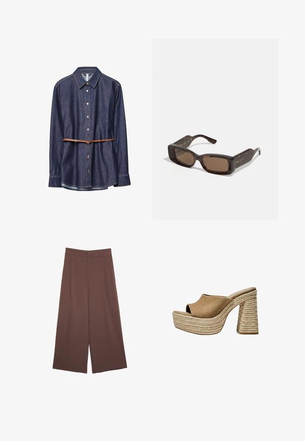 Camicia di jeans, colore indigo scuro, colletto classico, maniche lunghe, chiusura con bottoni, accentuata da una cintura in pelle marrone in vita.; Pantaloni ampi marroni con una texture liscia, caratterizzati da una vita alta e pieghe frontali. Il tessuto è leggero e scorre liberamente.; Mule in suede marrone con platform e punta aperta, dotati di un tacco in juta intrecciata chunky e un design superiore liscio e arrotondato.; Occhiali da sole Gucci con lenti rettangolari marroni, montatura in acetato tartarugato e dettagli del logo dorato sulle tempie.