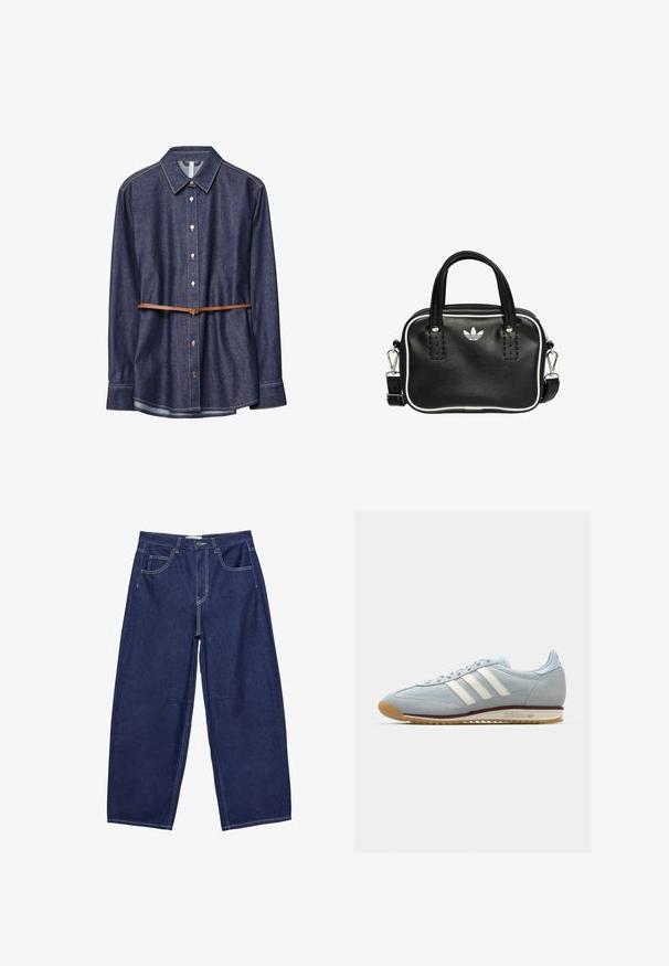 Denim shirt, dark indigo color, classic collar, long sleeves, button closure, accented with a brown leather belt at the waist.; Dark blue denim wide-leg trousers with a high waist, five pockets, and contrasting white stitching. Smooth texture, classic design.; Light blue suede sneaker with white three stripes, rubber sole, and textured mesh. Features a smooth toe cap and branding on the heel.; Black leather handbag with two short handles, silver hardware, white accents, and a white logo. Features a textured surface and compact design.
