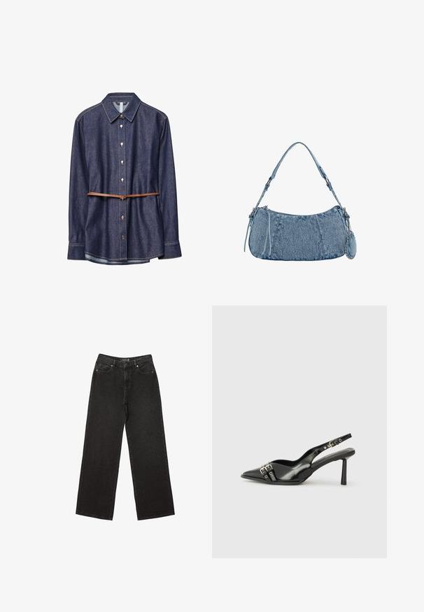 Chemise en denim, couleur indigo foncé, col classique, manches longues, fermeture à boutons, accentuée par une ceinture en cuir marron à la taille.; Jean noir à jambe large en denim, ornés de petits motifs à pois, avec un design classique à cinq poches et une fermeture à bouton et zip.; Chaussure slingback en cuir verni noir avec un embout pointu, des brides de cheville avec des boucles en argent et des éléments en métal, et un talon fin.; Sac en denim de forme incurvée, couleur bleu clair, avec une bandoulière réglable et une petite pochette détachable avec des accents métalliques.