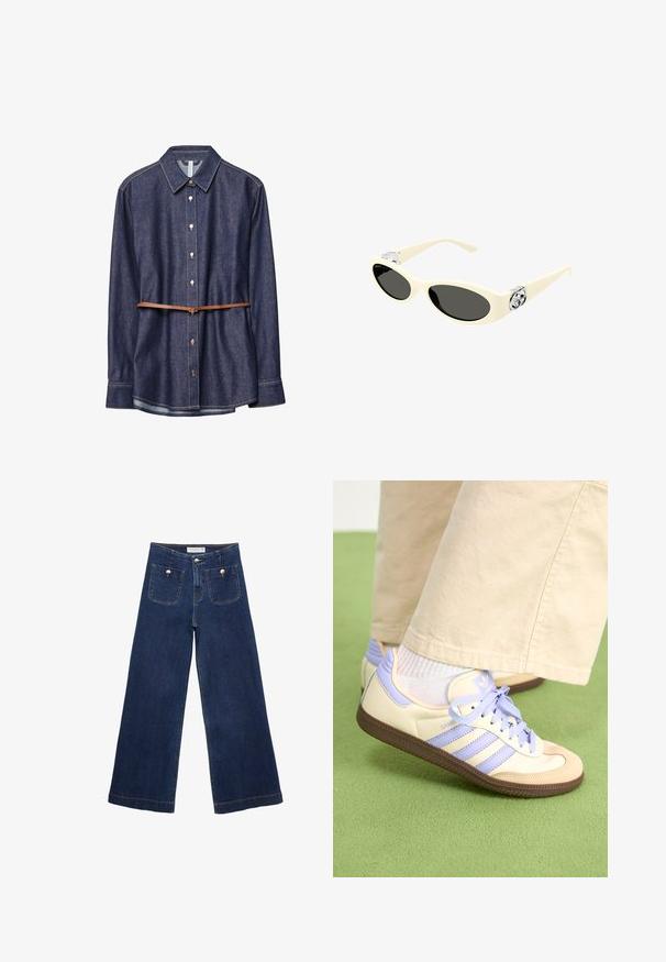 Denimskjorte, mørk indigo farve, klassisk krave, lange ærmer, knaplukning, accentueret med et brunt læderbælte i taljen.; Mørkeblå brede bukser lavet af denim, med to forlommer med dekorative knapper og lige afslutning.; Creme og lavendel sneakers med tre striber og en tekstureret brun sål, der har snørebånd og en polstret hæl. Blødt stof øvre.; Kridhvid solbriller med ovale linser, sort toning og metallisk logoaccent ved templerne. Glat tekstur, katteøje design.