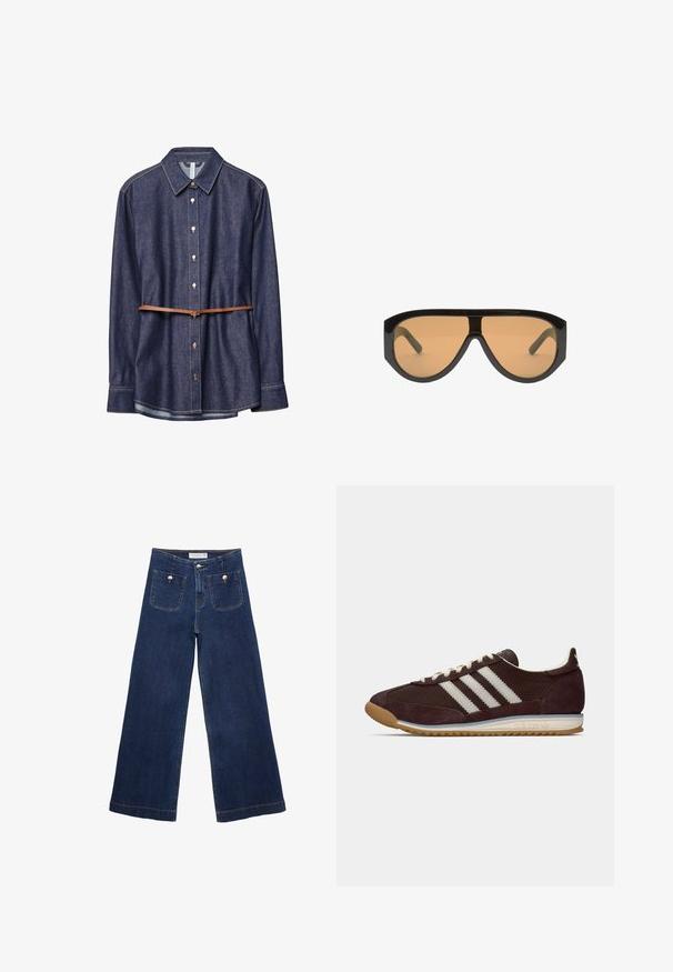 Djeanshemd, in dunkler Indigo-Farbe, mit klassischem Kragen, langen Ärmeln, Knopfverschluss, akzentuiert mit einem braunen Ledergürtel in der Taille.; Dunkelblaue weite Jeans aus Denim, mit zwei vorderen Taschen und dekorativen Knöpfen, sowie einem geraden Saum.; Niedrig profilierter dunkelburgunderfarbener Adidas Sneaker mit weißen Streifen, cremfarbenen Schnürsenkeln und Gummisohle, seitliche Ansicht vor einfarbigem Hintergrund.; Schwarze übergroße Sonnenbrille mit braunen Gläsern, mit breiten, kantigen Rahmen und geraden Bügeln. Glatte, glänzende Oberfläche, minimalistische Hardware.; Mango Shopping Bag - dark brown