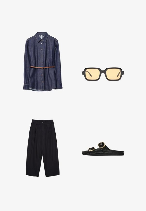Denimska srajca, temno indigo barve, klasičen ovratnik, dolgi rokavi, gumbasta zapirala, poudarjena z rjavim usnjenim pasom na pasu.; Črne poliesterske culotte hlače z elastičnim pasom, dvema sprednjima nabiranjema in ohlapnim krojem. Brez vidnih vzorcev ali kovinskih detajlov.; Črne drsne sandale z dvema zlatima zaponkama, gladkega materiala, ravnim podplatom in minimalističnim dizajnom.; Črne pravokotne sončna očala z rumenimi lečami, lahka okvir in značilne ravne robove na ušesnicah. Gladka, sijoča končana.; Denim torbica s zakrivljenim oblikom, svetlo modre barve, nastavljivim naramnicam in majhno odstranitveno torbico z metalnimi detajli.