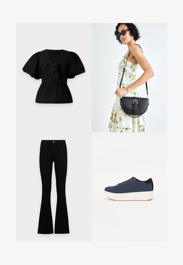 Melnas kokvilnas blūze ar V-veida kakla izgriezumu, puffam līdzīgām piedurknēm un saites akcentu viduklī. Krūšu daļa ir savākta, veidojot pepluma siluetu.; Melni augsta jostas šorti ar pogu un rāvējslēdzēju, priekšējām kabatām un izplestām kājām, nolikti uz balta fona.; Navy zilo apavi ar strukturētu auduma augšdaļu, baltu platformas zoli, noapaļotu pirkstu daļu un melnu papēža akcentu. Iekļautas sešas acs caurumi šnuķēšanai.; Melnas ādas rokassoma ar izliekta formu, noņemamu siksnu un zelta aksesuāriem. Somai ir vāciņš ar sprādzes detaļu.