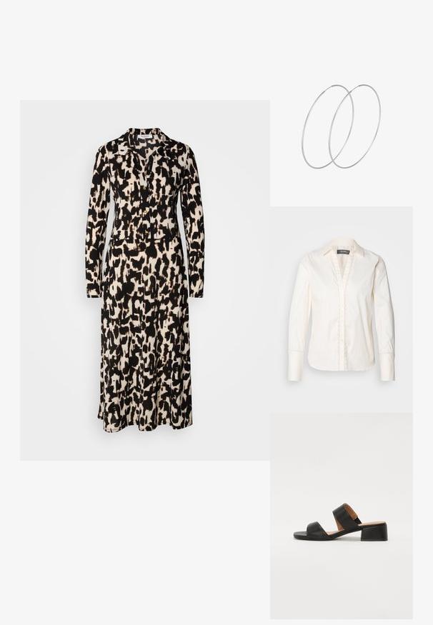 Mos Mosh WAVE SHIRT - Blúzka so zapínaním na gombíky - ecru; Šaty s dlhým rukávom v čiernom a béžovom abstraktnom vzore. Majú golier a gombíky vpredu, vyrobené z ľahkého materiálu.; Čierne kožené sandále s dvoma širokými remienkami cez nohu, štvorcovou špičkou a nízkym blokovým podpätkom. Hladká textura a minimalistický dizajn.; Čierna kožená tote taška s dvoma dlhými rúčkami, hladkým povrchom a štruktúrovaným tvarom. Obsahuje prednú kapsu pre dodatočné uskladnenie.; Strieborné kruhové náušnice s minimalistickým dizajnom. Cirkulárny tvar, hladký povrch a tenký profil. Ľahké s lesklým povrchom.