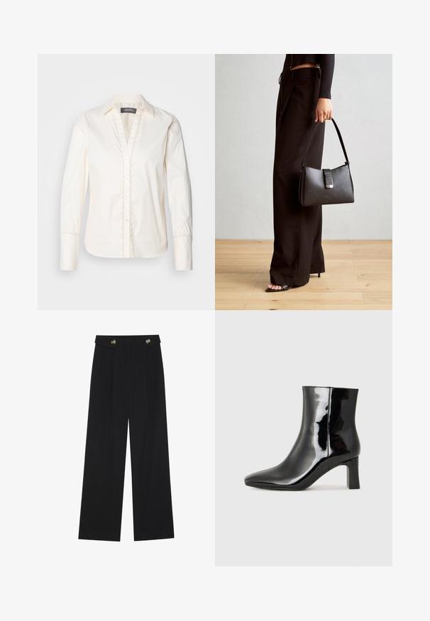 Mos Mosh WAVE SHIRT - Button-down blouse - ecru; Black wide-leg trousers with high waist, button details on waistband, and front pleats.; Black patent leather ankle boot with a pointed toe and a mid-height block heel. Smooth texture and minimalist design.; Black handbag with structured shape, smooth texture, and a metallic clasp. Paired with wide black pants and open-toe sandals on wooden floor.