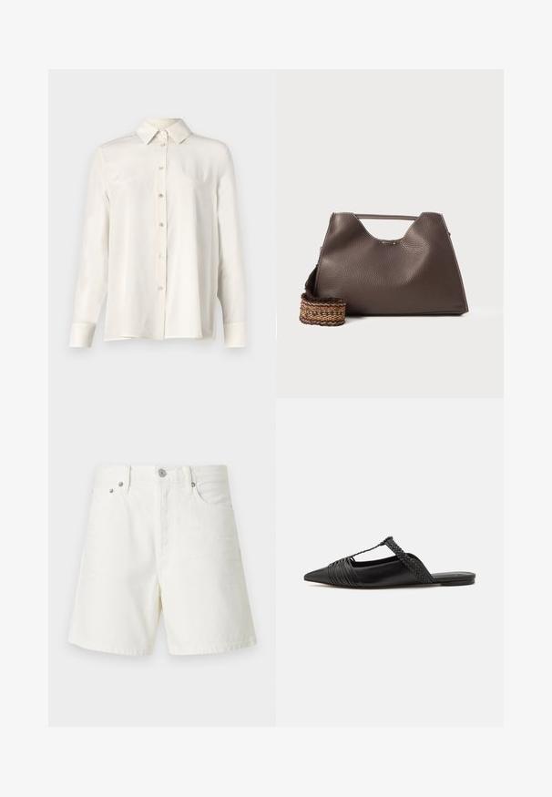 Valge nööpidega särk kerge kangaga, klassikalise krae, pikkade varrukate ja sirge lõikega, sileda tekstuuriga.; Valged teksashorts sirge lõikega, viie tasku disain, esine nööbiga kinnitamine, hõbedane riistvara ja õmmeldud detailid.; Must kuulsad nahast kandadega kingad, millel on terav nina, koos kootud detaili ja volditud ülaosaga. Lame tald minimaalse riistvaraga.; Pruun nahkne käekott tekstureeritud viimistlusega, nurkadega disain ja silmapaistev ülemine sang. Omab mustriga kootud rihma detaili.