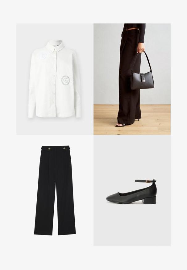 Vit skjorta med knappar och långa ärmar, med två broderade dekormönster och en klassisk krage. Mjuk, strukturerad tyg.; Svarta vida byxor med hög midja, knäppdetaljer i midjan och framfickor.; Svart läderpump med spetsig tå och en låg klack. Har en ankelsnodd med en guldtonad spänne. Slät textur.; Svart handväska med strukturerad form, slät yta och metallspänne. Matchad med vida svarta byxor och sandaler med öppen tå på trägolv.