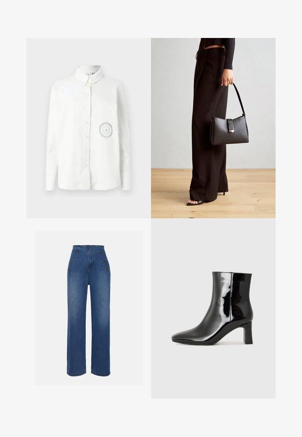 Cămașă albă cu guler clasic și mâneci lungi, având două modele decorative brodate. Țesătură moale și texturată.; Jeans din denim cu talie înaltă, de culoare albastru mediu. Prezintă accente cu buton în față și un design cu picioare late. Materialul are o textură netedă, cu o ușoară decolorare.; Botine negre din piele lacuită, cu vârful ascuțit și toc bloc de înălțime medie. Textură netedă și design minimalist.; Genți negre cu o formă structurată, textură netedă și un închizător metalic. Asortată cu pantaloni negri largi și sandale cu vârf deschis pe un podea din lemn.