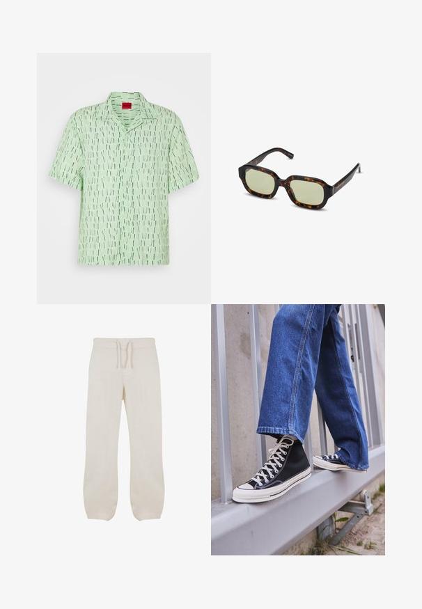 Kurzarmhemd aus hellgrünem Stoff mit einem grafischen Muster aus vertikalen schwarz-weißen Linien. Verfügt über einen Kragen und eine Knopfleiste.; Weißes Baumwoll-Trägershirt mit Rundhalsausschnitt, breiten Trägern und geradem Saum, das eine glatte Textur aufweist und keine sichtbaren Muster hat.; Hellbeige Leinenhose mit elastischem Bund und Kordelzug. Gerades Bein Design mit glatter Textur und leichtem Zuschnitt an den Knöcheln.; Schwarze High-Top-Sneaker mit weißer Sohle und Schnürsenkeln, kombiniert mit lockeren blauen Jeans, die auf einem grauen Geländer ruhen.; Schildpatt-Sonnenbrille mit grün getönten Gläsern, rechteckiger Form, breitem Rahmen und glatter Oberfläche. Akzente an den Bügeln.