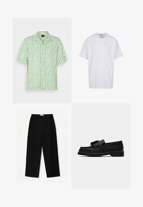 Camicia a maniche corte in tessuto verde chiaro con un motivo grafico di linee verticali bianche e nere. Presenta un colletto e una chiusura con bottoni.; Maglietta bianca in cotone con maniche corte, scollatura rotonda, vestibilità comoda e senza loghi o motivi visibili. Texture liscia e design minimale.; Pantaloni neri a gamba larga con un tessuto texturizzato, dotati di una vita elasticizzata e tasche laterali. Design semplice e minimale senza decorazioni.; Mocassino in pelle nera con nappine, cuciture gialle lungo la suola e una suola in gomma spessa e rigata.
