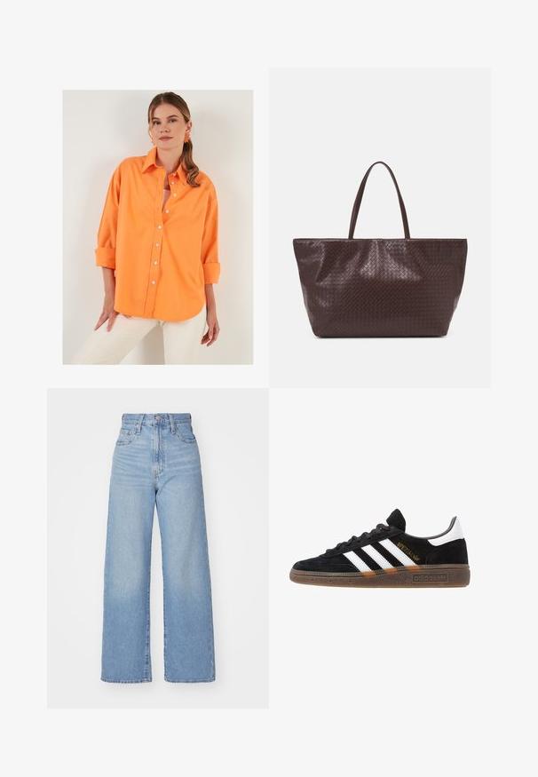 LELA LOOSE FIT - Camicia - orange; Jeans a vita alta blu chiaro con gamba larga, chiusura frontale con bottone e zip, tasche anteriori e posteriori, su uno sfondo bianco.; Sneaker Adidas nere con strisce bianche, testo "Spezial" dorato, suola in gomma e tab sul tallone bianco, mostrato in veduta laterale.; Borsa tote in pelle intrecciata marrone con due manici, dalla forma strutturata e superficie texturizzata, caratterizzata da un motivo a diamante in tutto il suo corpo.