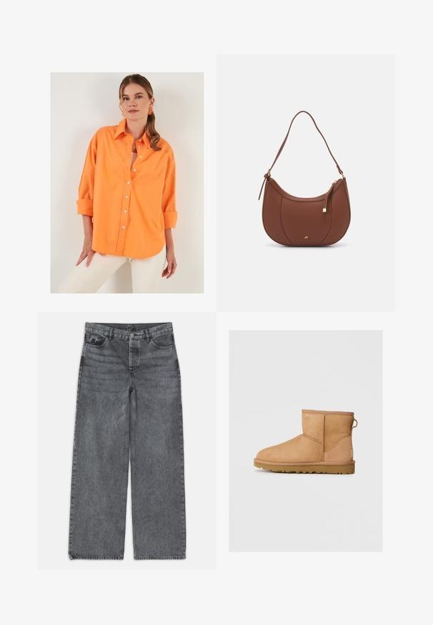 LELA LOOSE FIT - Hemdbluse - orange; Weite Jeans in dunkelgrauem Denim. Verfügt über eine hohe Taille, ein Fünf-Taschen-Design und einen Frontknopfverschluss. Glatte Textur mit subtilen Auswaschungen.; Hellbraune Wildleder-Stiefeletten mit runder Zehenpartie, genähten Details, Ziehschlaufe an der Rückseite und einer strukturierten Gummisohle. Entwickelt für Komfort und Wärme.; Braune Kunstleder-Schultertasche mit geschwungener Form, minimaler Naht und goldfarbener Hardware-Akzent. Verfügt über einen oberen Reißverschluss und einen verstellbaren Trageriemen.