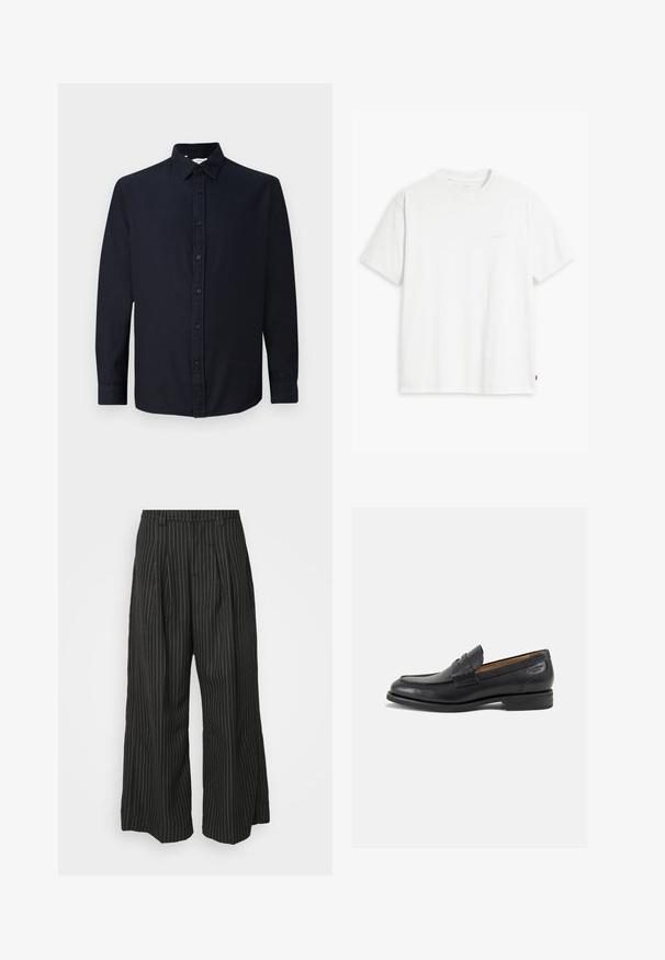 Tamsiai mėlynas ilgo rankovės mygtukinis marškinėliai su apykakle ir rankogaliais, išdėstyti plokščiai prieš paprastą šviesų foną.; Balti medvilninė marškinėliai su trumpomis rankovėmis, apvali apykakle ir subtiliu šviesios spalvos „Levi's" logotipu priekyje.; Juodos dryžuotos plačios kojos kelnės su klostėmis, turinčios pritaikytą dizainą ir minkštą tekstūrą. Nėra matomų metalinių detalių ar akcentų.; Juodi odiniai loafersai su lygiu paviršiumi, apvaliu pirštu ir dekoratyvine siūlė viršuje. Žemas sustiprintas kulnas ir lengvas blizgesys.