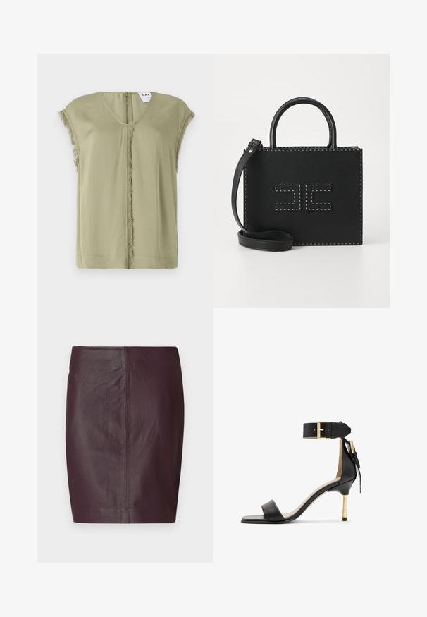 Oliven grøn bluse med V-hals, korte ærmer og makkerede kanter langs midten. Lavet af blødt stof med en afslappet pasform.; Mørk burgunder læder nederdel med en glat overflade, tætsiddende design og en lige silhuet. Karakteriseret ved minimale sømme og ingen synligt hardware.; Sort læder hæl sandal med firkantet tå, ankelrem med en guldbuckle og en slank metallisk hæl. Glat tekstur, minimalistisk design.; Elisabetta Franchi WOMEN'S BAG - Håndtasker - nero
