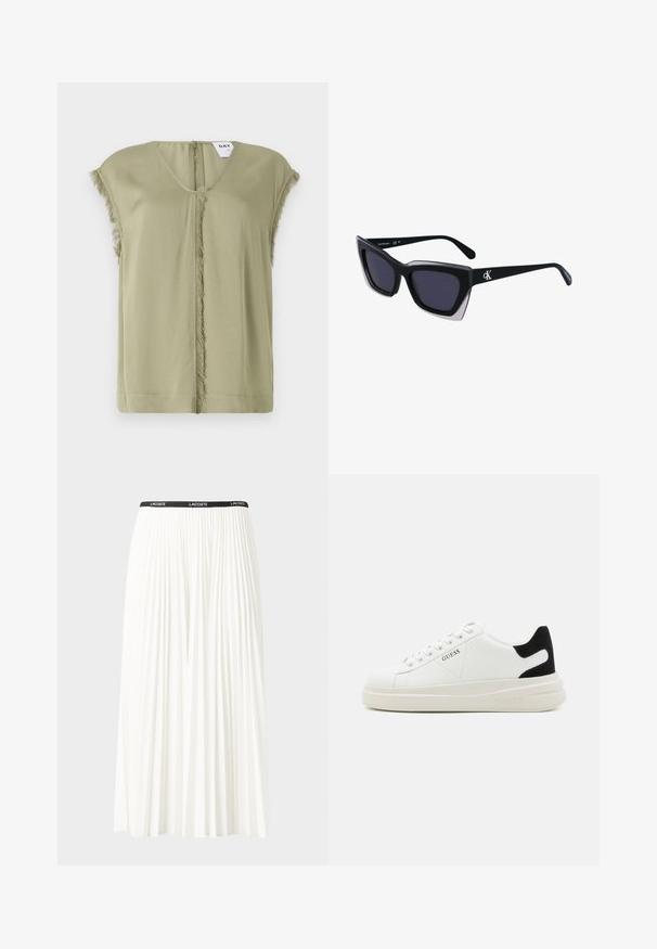 Top verde oliva con scollatura a V, maniche corte e bordi sfilacciati al centro. Realizzato in tessuto morbido con una vestibilità comoda.; Gonna bianca plissettata con elastico nero in vita che presenta il logo "LACOSTE". Design di lunghezza media con texture morbida.; Sneaker bianchi in pelle con suola spessa bianca, accento in suede nero sul tallone e logo impresso sul lato. Design con lacci e sei fori per i lacci.; Occhiali da sole oversize neri dalla forma geometrica, con lenti scure e un dettaglio grigio a contrasto sulla montatura. Logo sul braccio.