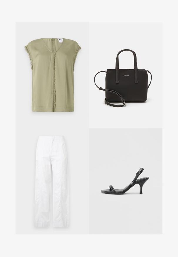 Olive green top with a V-neckline, short sleeves, and frayed edges down the center. Made of soft fabric with a relaxed fit.; White wide-leg trousers made of lightweight fabric, featuring a smooth texture, clean lines, and a high waist design.; Black leather high-heeled sandals with a slim, curved heel and a crossed strap design. Adjustable ankle strap. Smooth texture.; Black handbag with dual short handles and a removable shoulder strap. Smooth leather-like material with a zip closure and logo detail.