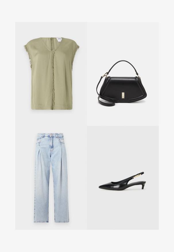 Olivgrünes Oberteil mit V-Ausschnitt, kurzen Ärmeln und fransigen Kanten in der Mitte. Aus weichem Stoff mit lockerer Passform.; Helle blaue Denim-Jeans mit hoher Taille, weitem Beinschnitt, zwei seitlichen Taschen und gefaltetem Design. Weiche Textur mit einem ausgebleichten Finish.; Schwarze Leder-Slingback-Pumps mit spitzem Schuhblatt, ausgestattet mit einem schlanken Absatz und einem goldfarbigen Akzent am verstellbaren Riemen. Glatte Textur.; Schwarze Lederhandtasche mit einem strukturierten Design, das eine verkürzte Form, einen oberen Griff und goldfarbene Hardware-Details aufweist. Verstellbarer Schulterriemen ist enthalten.