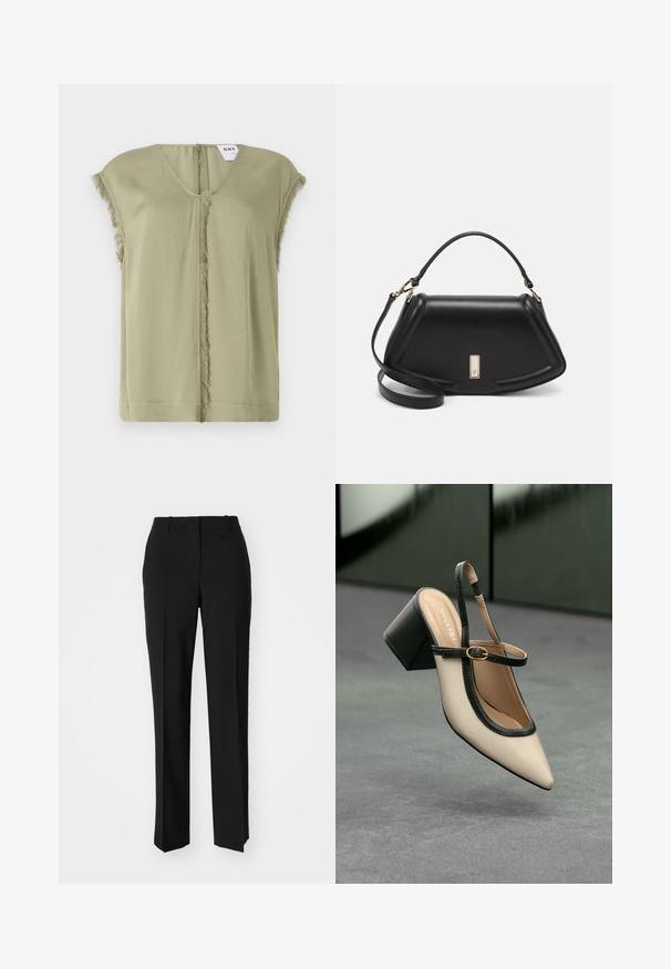 Olijfgroene top met een V-hals, korte mouwen en rafelige randen in het midden. Gemaakt van zachte stof met een losse pasvorm.; Zwarte op maat gemaakte broek met een recht model, voorzien van een soepele textuur en scherpe plooien aan de voorkant. Geen zichtbare hardware.; Beige puntige slingback schoen met zwarte rand, gouden gesp en een chunky blokhak op een grijze vloer met een donker groene achtergrond.; Zwarte leren handtas met een gestructureerd ontwerp, featuring een verkorte vorm, bovenhandvat en gouden hardwareaccent. Inclusief verstelbare schouderband.